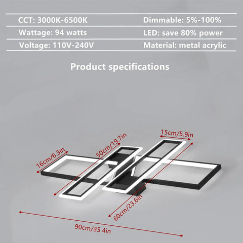 Product specifications of Dope Modern Dimmable Ceiling Light With Remote Control Four Rectangular Panel Flush Mount Black Metal And Acrylic Ideal For Living Room Bedroom Dining Room Kitchen And Study 35.4 Inch Length showing dimensions and features.