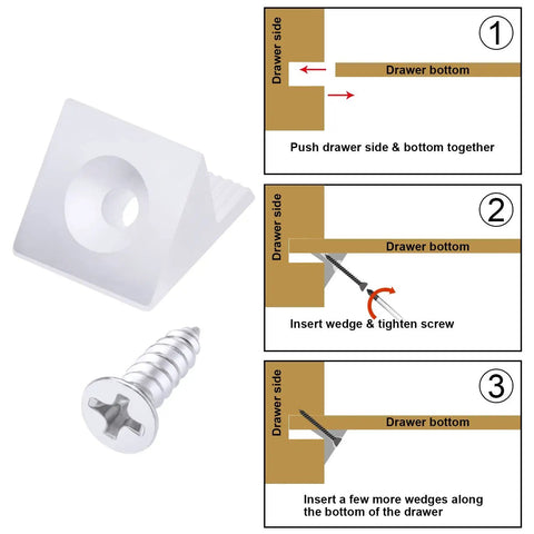 50 Pcs Heavy Duty L Shaped Angle Brackets For Sagging Drawer Repair And Furniture Stabilization With Rust Resistant Steel Screws 90 Degree Corner Support Set with installation steps and components.