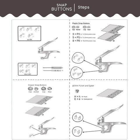 Instructions for using All-In-One Snap Button Set With Pliers Kit For DIY Sewing And Crafting, including plastic and metal snaps.
