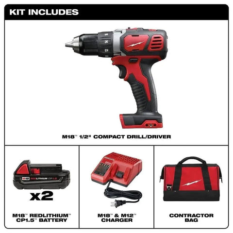 Top Shelf Cordless Drill Driver Combo Pack With Rock Solid All Metal Gears And 18 Volt Battery Quick Trigger showing drill, batteries, charger, and contractor bag.