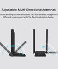 Adjustable antennas of WiFi 6 USB Adapter For Desktop PC Archer TX20U Plus AX1800 Dual Band with 5dBi Antenna shown at 180° and 90° angles.