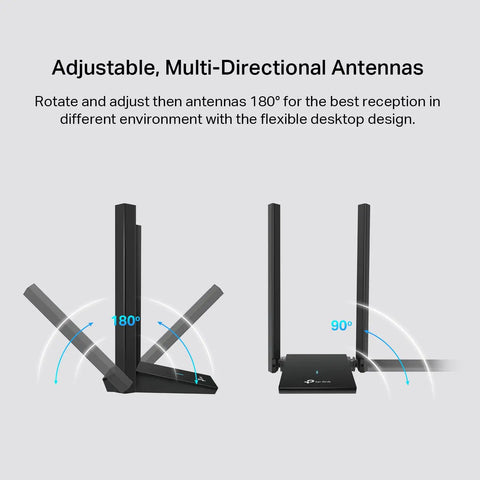 Adjustable antennas of WiFi 6 USB Adapter For Desktop PC Archer TX20U Plus AX1800 Dual Band with 5dBi Antenna shown at 180° and 90° angles.
