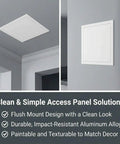 Built Tough Heavy Duty Ceiling Access Panel With Secure Magnetic Push Latch For Drywall Basements And Attics Flush Mount Wall Cover For Hvac Plumbing And Electrical No Sweat Install White view in ceiling.