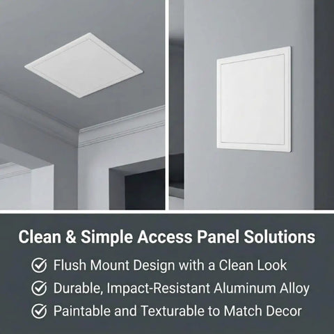 Built Tough Heavy Duty Ceiling Access Panel With Secure Magnetic Push Latch For Drywall Basements And Attics Flush Mount Wall Cover For Hvac Plumbing And Electrical No Sweat Install White view in ceiling.