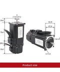 Front and side views of a black NEMA23 closed-loop stepper motor with shaft and cables.