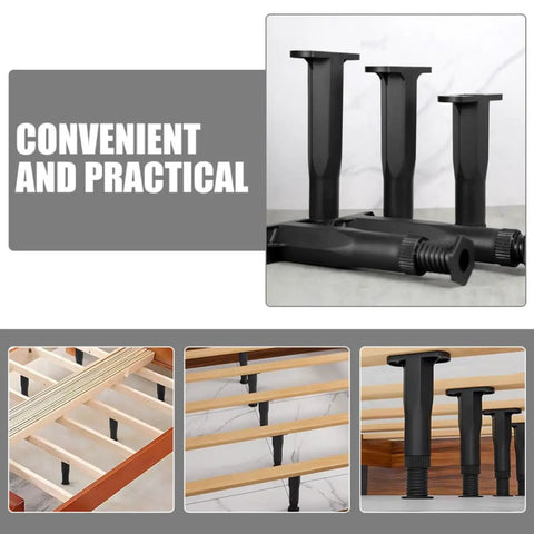 Adjustable Height T Shaped Bed Frame Support Legs 6 Pack Black PP Stable Furniture Replacement Feet shown under wooden bed slats