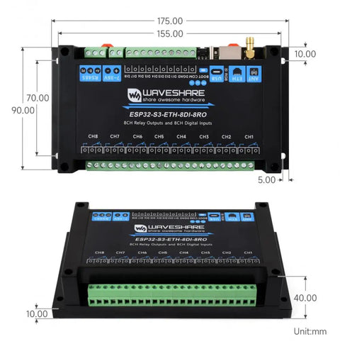8 Channel ESP32 S3 WiFi Relay Module With RS485 Isolation And Dual Core Processor 8 Digital Inputs And 8 Relay Outputs For DIY Smart Home Automation And Industrial Control Projects, black module with green terminals