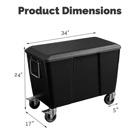 Black 100 Quart Outdoor Cooler With Divider For Parties, Patio Ice Chest On Wheels showing dimensions: 34x24x17 inches