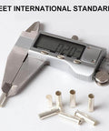 Digital caliper measuring ferrules from 50 Pieces AWG 1/0 Wire Ferrules Kit With Tinned Copper Crimp Connectors Pro Grade Non Insulated End Terminals For Electric Cables And Automotive Wiring Projects, Durable Anti Oxidation Finish, High Conductivity, Low Resistance, Easy Crimping, against white background.