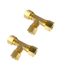 Two brass 3/8 in compression tee fittings, angled view showing three 3/8 in OD ports.