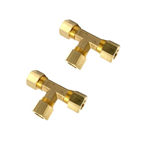Two brass 3/8 in compression tee fittings, angled view showing three 3/8 in OD ports.
