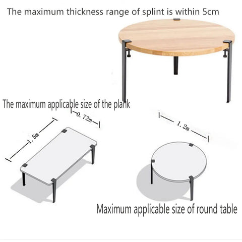 Four Piece Metal Table Clamp Legs For DIY Tables And Desks, showing different table shapes and sizes with clamp attachment