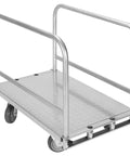 Hella Solid Steel Platform Cart With Four Quiet Swivel Casters For Moving Mattresses Bed Frames And Drywall Built Ridiculously Tough To Handle Up To 2500 Lbs Heavy Duty Workhorse, steel cart with side rails and diamond plate surface.