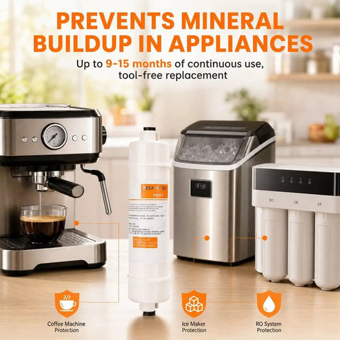 Pack Of Three 10 Inch Inline Resin Filters With Quarter Inch Quick Connect shown with coffee maker and ice machine on countertop.