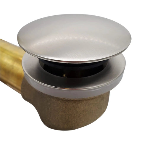Close-up of 22 Inch Deep Soak Tip-Toe Drain Bath Waste And Overflow In Satin Nickel Finish with rotating cover.