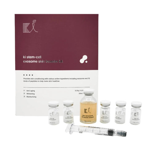 Stem Cell Exosome Skin Booster Kit With Exosome PDRN Peptide And Collagen For Next Level Rejuvenation Deep Hydration Anti Aging Glow In Korean Skincare 30ml Set Of Five Ampoules displayed with packaging and syringe