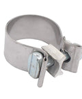 Close-up of 1.25 inch stainless steel muffler exhaust clamp from pack of 2 for Harley motorcycles, fits 1.75 inch inlet mufflers.