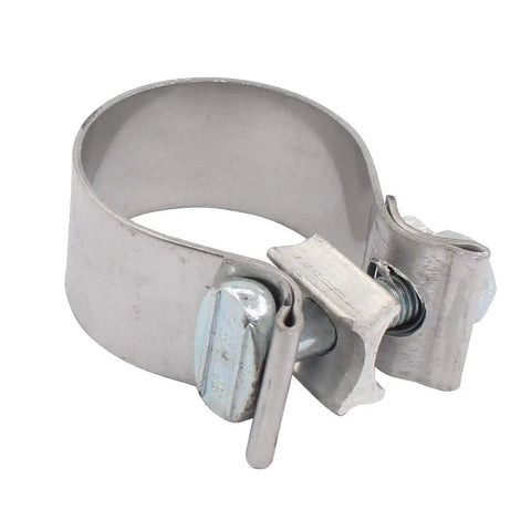 Close-up of 1.25 inch stainless steel muffler exhaust clamp from pack of 2 for Harley motorcycles, fits 1.75 inch inlet mufflers.