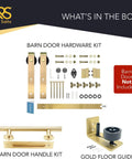 Components of All In One Adjustable Gold Barn Door Hardware Kit For A 6 Foot 7 Inch Track Modern Sliding Door System displayed