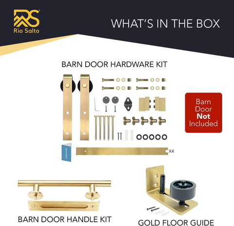 Components of All In One Adjustable Gold Barn Door Hardware Kit For A 6 Foot 7 Inch Track Modern Sliding Door System displayed