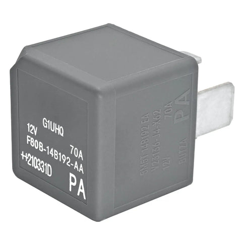 Beefy 12V DC 70A 4-Pin Automotive Power Relay For Heavy-Duty Circuits, shown with labeled terminals and part numbers.