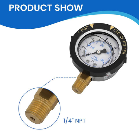 Go-To Stainless Steel Pool Filter Pressure Gauge 0-60 PSI Waterproof with Clean Filter Indicator, 1/4 In NPT Lower Mount