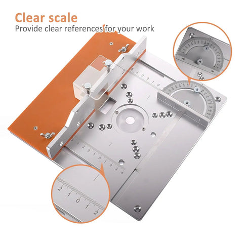 Pro Grade Aluminum Router Table Insert Plate Kit With Slick Sliding Fence Setup And Dependable Miter Gauge Track For No Sweat Benchtop Woodworking Builds with clear scale and angle gauge.