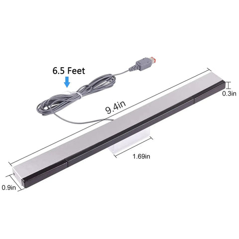 Replacement Wired Infrared Sensor Bar For Nintendo Wii And Wii U Console with 6.5 ft cable, silver black finish, adhesive mount.
