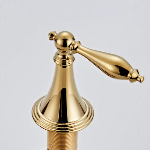 Solid Brass Widespread Bathroom Faucet With High Arc Deck Mount, 3-Hole 2-Handle Lavatory Faucet, Ceramic Valve, Nickel Plated Finish, Includes 2 Hoses, Lead-Free And Built To Last, No Drain Included shown close-up on handle detail