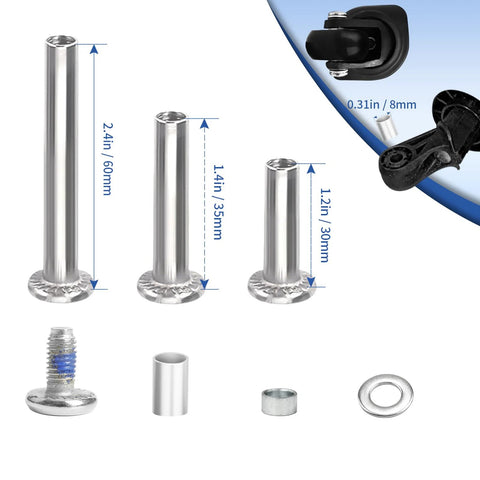 Replacement Luggage Wheels And Hacksaw Kit For Suitcases showing three axle sizes with casters and spacers