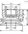 Technical diagram of Double Bellows Vacuum Suction Cup 0.79 Inch 20mm DP20 with 8mm Mounting Hole, showing dimensions in inches.