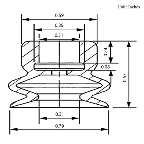 Technical diagram of Double Bellows Vacuum Suction Cup 0.79 Inch 20mm DP20 with 8mm Mounting Hole, showing dimensions in inches.