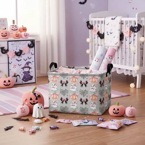 Dope Boo Halloween Basket For Kids With Pink Bow Glowing Ghost Canvas Trick Or Treat Tote Sweet Candy Storage Bin in a decorated room.