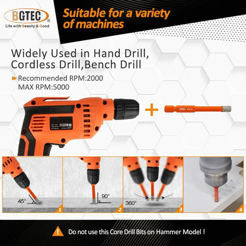 Illustration showing Dry Diamond Drill Bits Set, 2 Pack, One Quarter Inch Hex Shank With Quick Change in use with various drills.