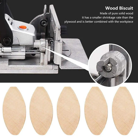 100 Pack Beech Wood Biscuits Size 20, 56 X 23 X 4 Mm, used with a biscuit joiner for clean, tight joints in woodworking projects.