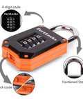 Beefy Heavy Duty Gym Locker Padlock With 4 Digit Combination Hardened Stainless Steel Body Weatherproof Outdoor Security Easy To Read Numbers Resettable And Cut Proof Lock Code 1 Pack Orange, showing lock code and materials.