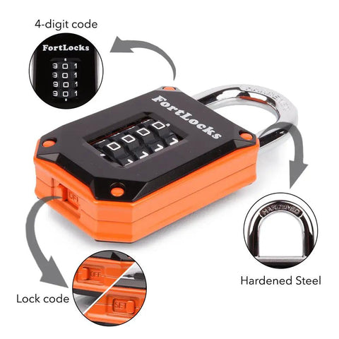 Close-up of Orange 2 Pack 4-Digit Combination Pad Locks Heavy Duty Waterproof Resettable Security Latches with steel shackle.