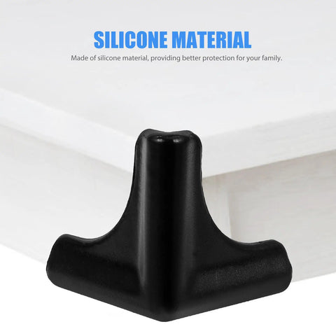 Black silicone corner guard for furniture edge with text 'Silicone Material' emphasizing protection.