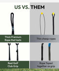 Comparison of Golf Swing Tempo Trainer With Weighted Rope Training Aid, showing premium rope and real golf grip vs thin cheap ropes.