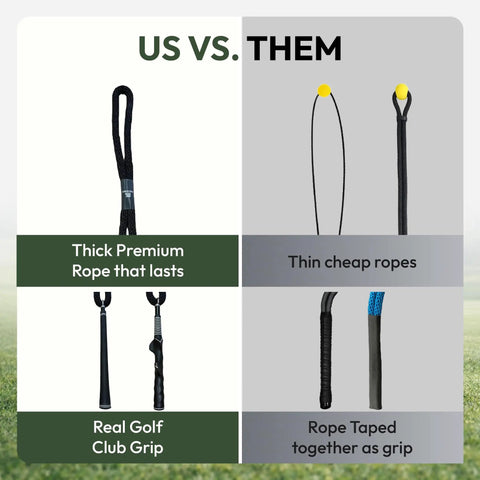 Comparison of Golf Swing Tempo Trainer With Weighted Rope Training Aid, showing premium rope and real golf grip vs thin cheap ropes.
