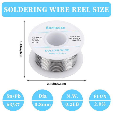 63-37 Tin Lead Rosin Core Solder Wire For Electrical Soldering 0.6mm Diameter 50g Reel showing dimensions and specifications