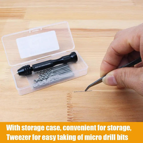 Pin Vise Hand Drill Set With 25 Micro Twist Drill Bits 0.5 To 3.0 Millimeter, shown with storage case and tweezers on wood surface