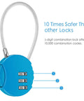 Blue 3-digit combination lock with cable, highlighting safety features, part of 2 Pack 3 Digit Outdoor Waterproof Padlocks For Lockers Luggage Gym School Fence Toolbox Gate Case And More Heavy Duty Durable Combination Locks For Secure Storage.