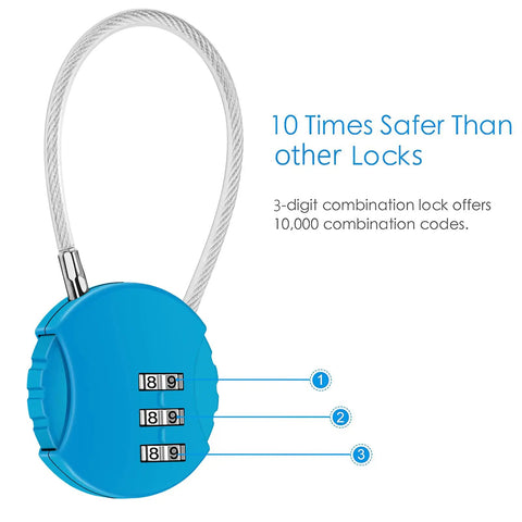 Blue 3-digit combination lock with cable, highlighting safety features, part of 2 Pack 3 Digit Outdoor Waterproof Padlocks For Lockers Luggage Gym School Fence Toolbox Gate Case And More Heavy Duty Durable Combination Locks For Secure Storage.
