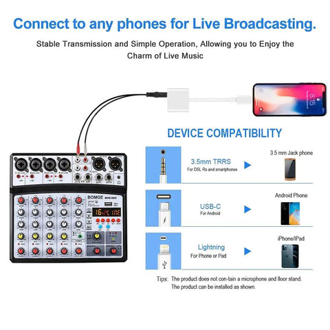 Six Channel Audio Mixer For Live Streaming Karaoke And Home Studio Recording With USB MP3 Bluetooth Four XLR Line Combo Inputs Independent 48V Phantom Power Per Channel PC Playback And DSP Effects showing phone connectivity options