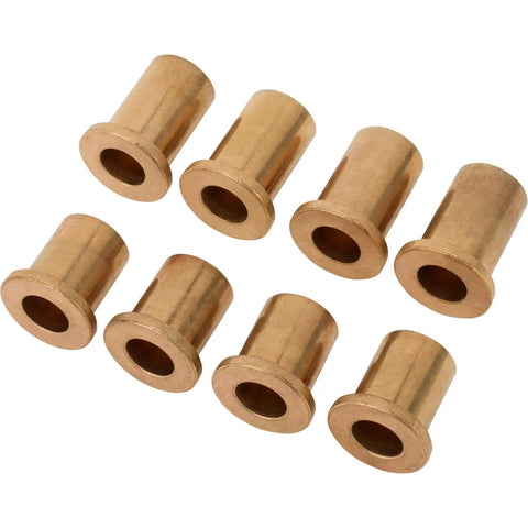 Bronze Shackle Bushing Kit For 2 Inch Wide Leaf Springs, Fits 3/4 Inch Spring Eye And 1/2 Inch Shackle Bolts, 8-Piece Set, Includes Four Short 0.875 And Four Long 1.125 Bushings For One Pair Of Shackles, Durable Bronze Construction. 8 bronze bushings on white background