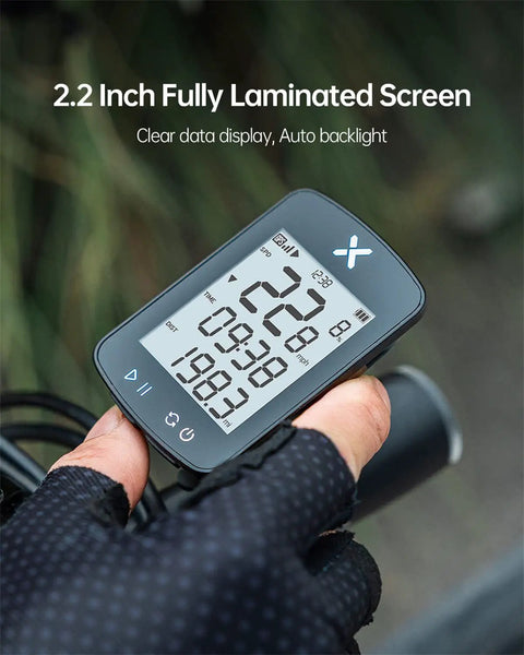 Gen2 GPS Bike Computer With Bluetooth, IPX7 Waterproof Build, 2.2 Inch LCD Cycling Console in a cyclist's hand, clear screen display.