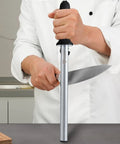 Chef using Diamond Coated 12 Inch Knife Sharpening Steel With Premium Honing Rod For All Knives A Lightweight Yet Durable Pro Grade Sharpener That Delivers Ultra Smooth Edges And Easy Safe Handling