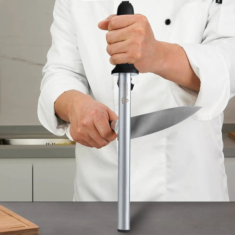 Chef using Diamond Coated 12 Inch Knife Sharpening Steel With Premium Honing Rod For All Knives A Lightweight Yet Durable Pro Grade Sharpener That Delivers Ultra Smooth Edges And Easy Safe Handling