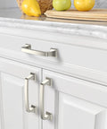 10 Pack Brushed Satin Nickel 3.75 Inch Hole Centers 96mm Cabinet Pulls installed on white kitchen cabinet